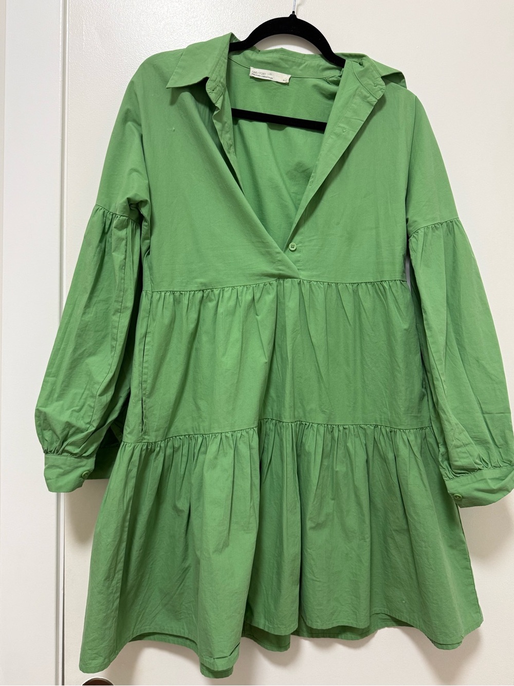 OAK + FORT Green Tiered Poplin Shirt Dress